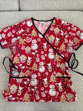 UA Scrubs Red Holiday Print Wrap Top